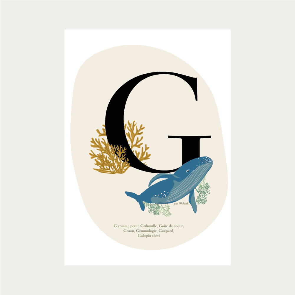 cadeau de naissance affiche initiale G baleine décoration chambre bébé