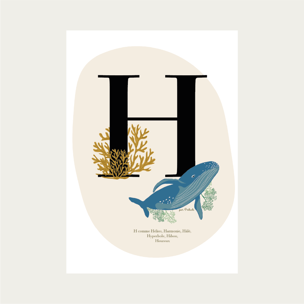 cadeau de naissance affiche initiale H baleine fonds marins océan mer marin illustration personnalisée poème