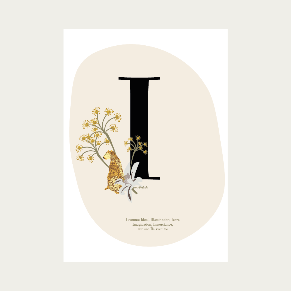 cadeau de naissance affiche initiale I illustration fleur fille garàon chambre bébé décoration léopard jaguar