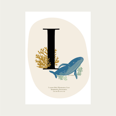 cadeau de naissance affiche initiale I baleine fonds marin mer océan unique illustration originale