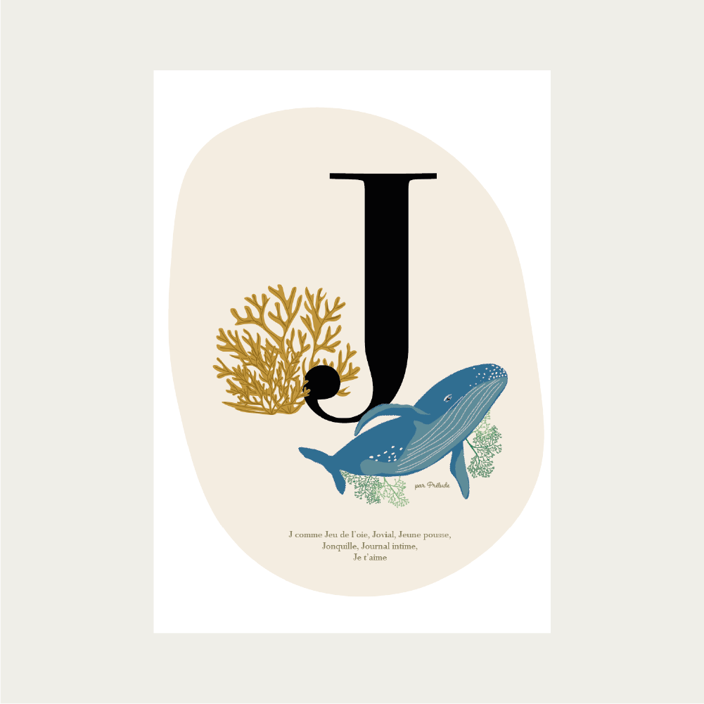 cadeau de naissance affiche initiale J baleine mer océan alphabet