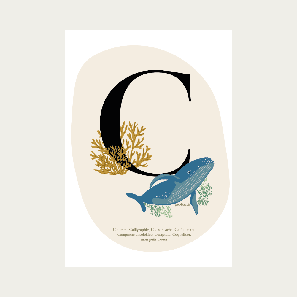 cadeau de naissance affiche initiale C baleine mer