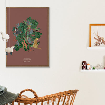 Affiche avec illustration jungle idéale pour un cadeau de naissance original ou en décoration de chambre bébé ou enfant. Existe en terracotta, vert et beige.